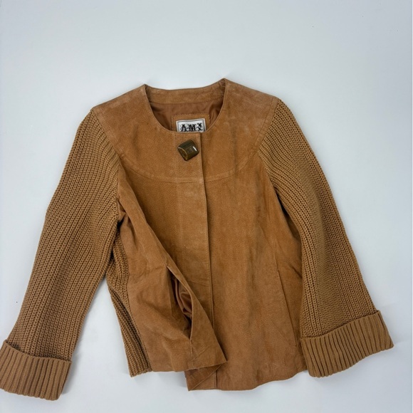 AMI Womens Suede Leather Jacket Size M Brown Hidden Snaps Knit Sleeves - Picture 9 of 9